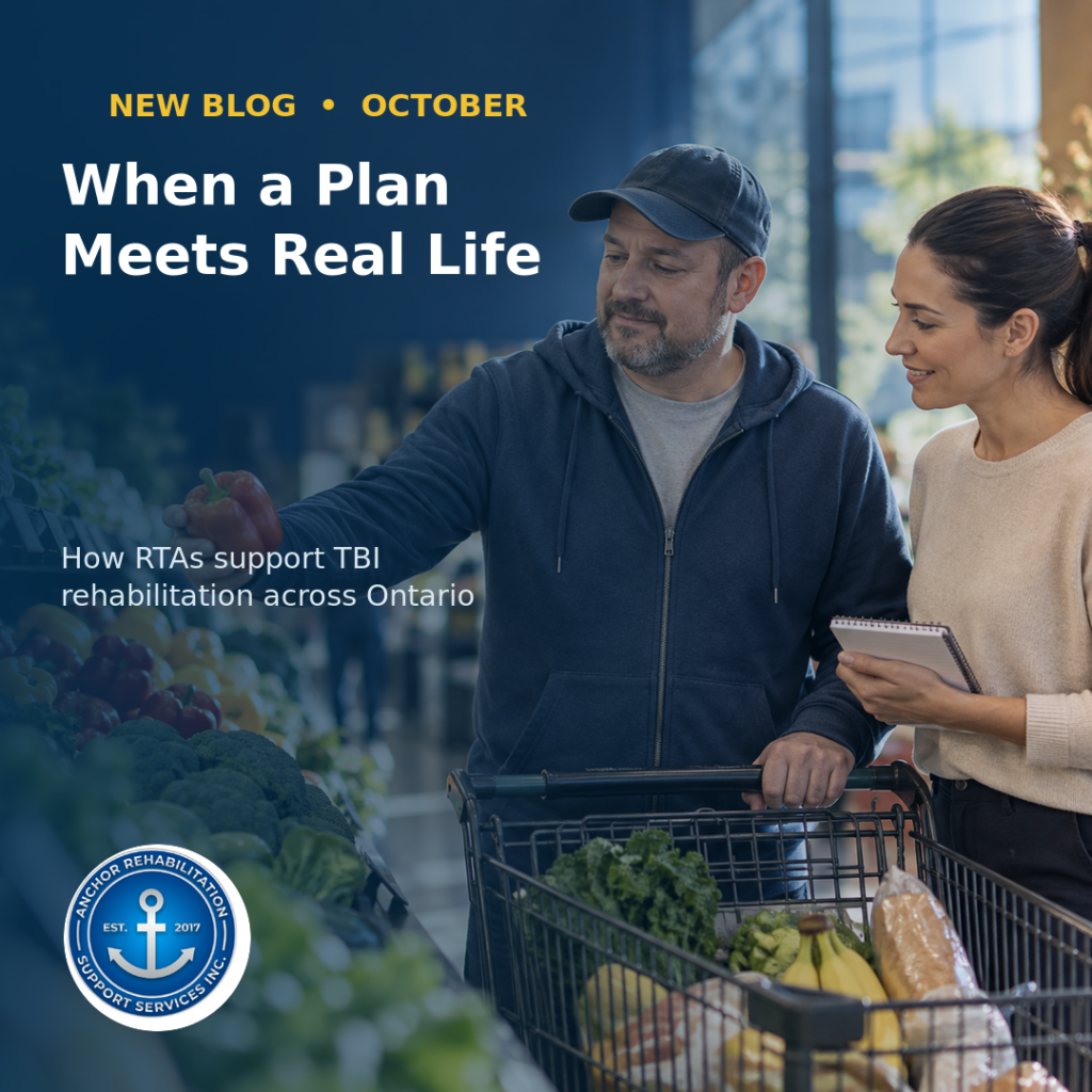 Adult practising grocery shopping with a Rehabilitation Therapy Assistant as part of community-based TBI rehabilitation.